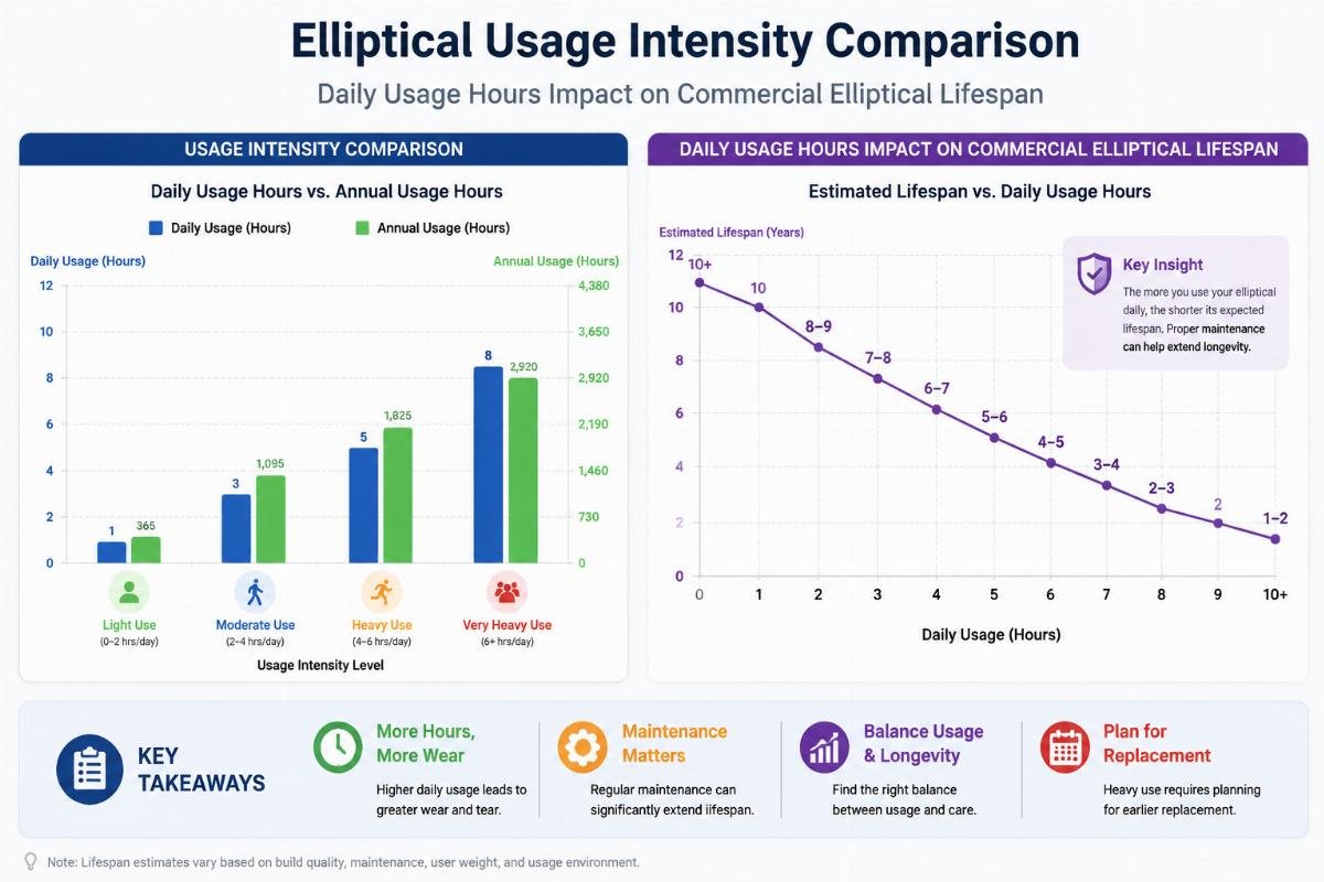 Daily usage hours impact on commercial elliptical lifespan Elliptical usage intensity comparison