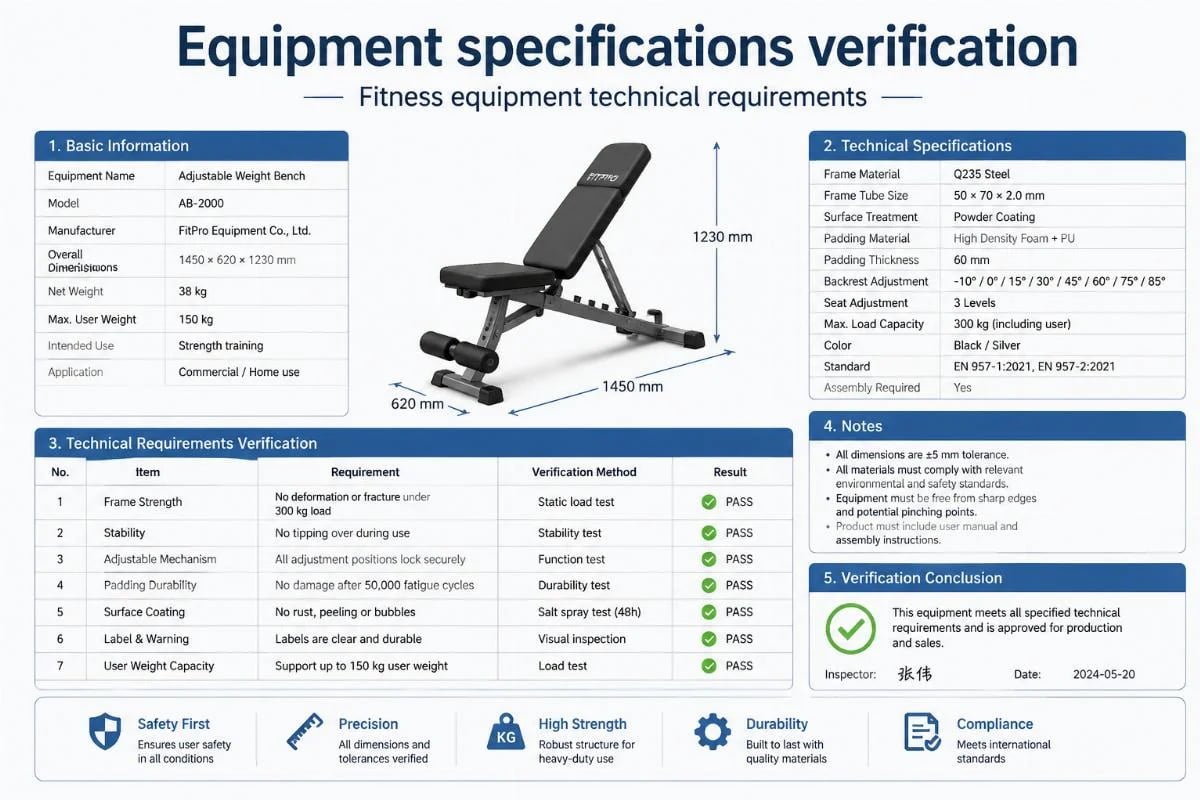 Fitness equipment technical requirements Equipment specifications verification