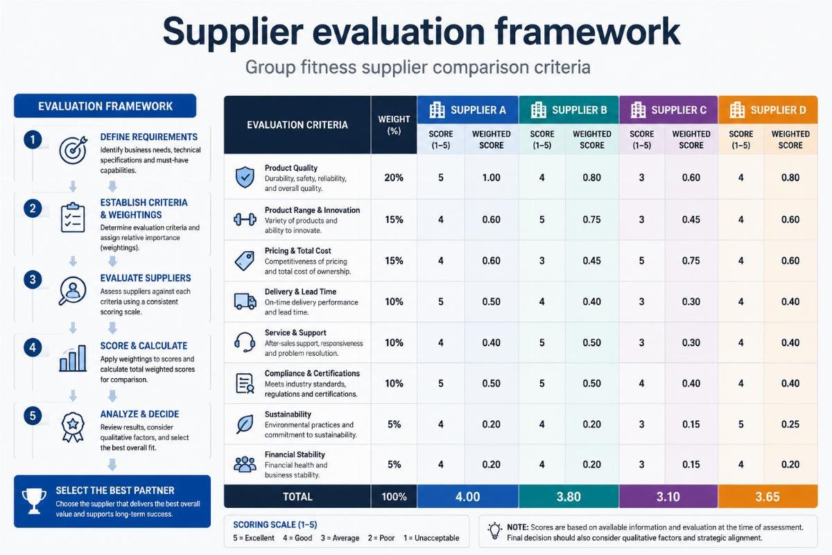 Group fitness supplier comparison criteria Supplier evaluation framework