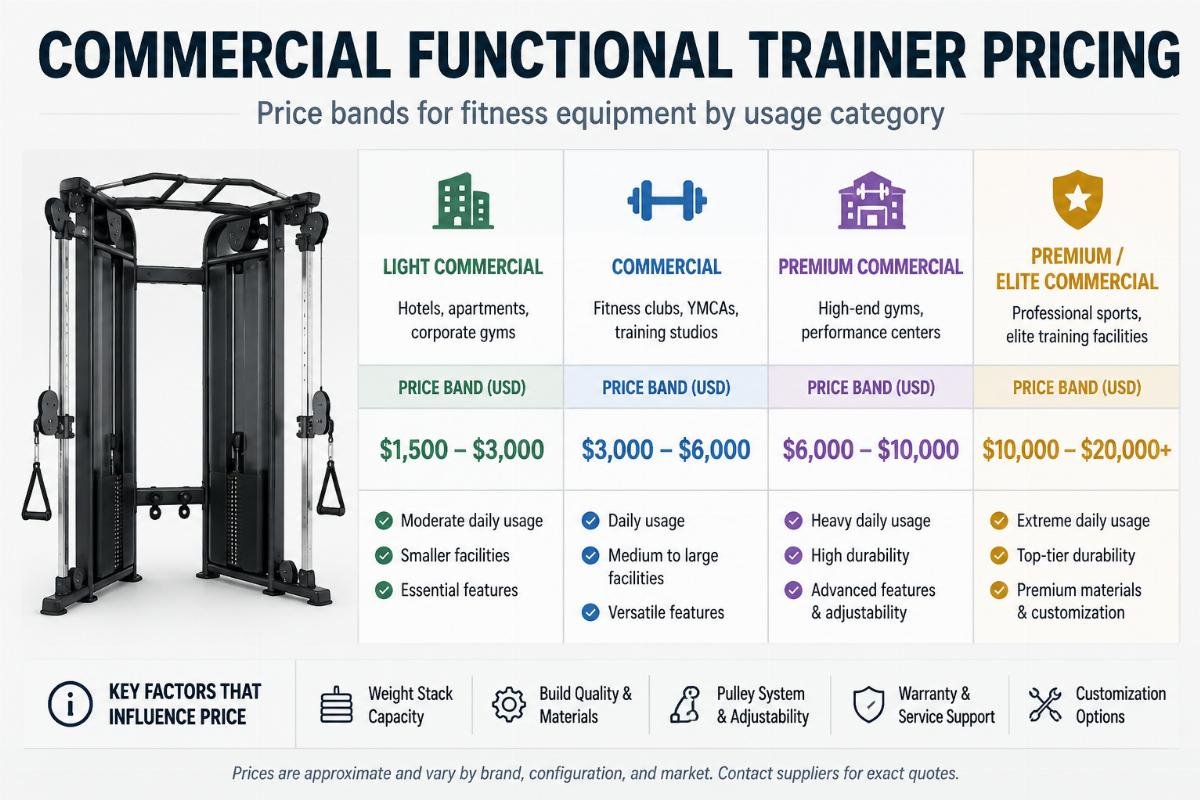 Price bands for fitness equipment by usage category Commercial functional trainer pricing
