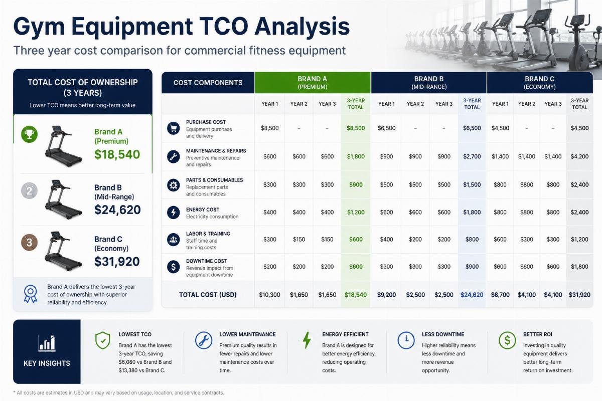 Three year cost comparison for commercial fitness equipment Gym equipment TCO analysis