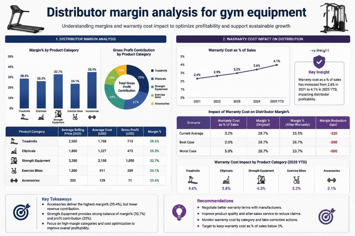 Warranty cost impact on fitness equipment distribution Distributor margin analysis for gym equipment