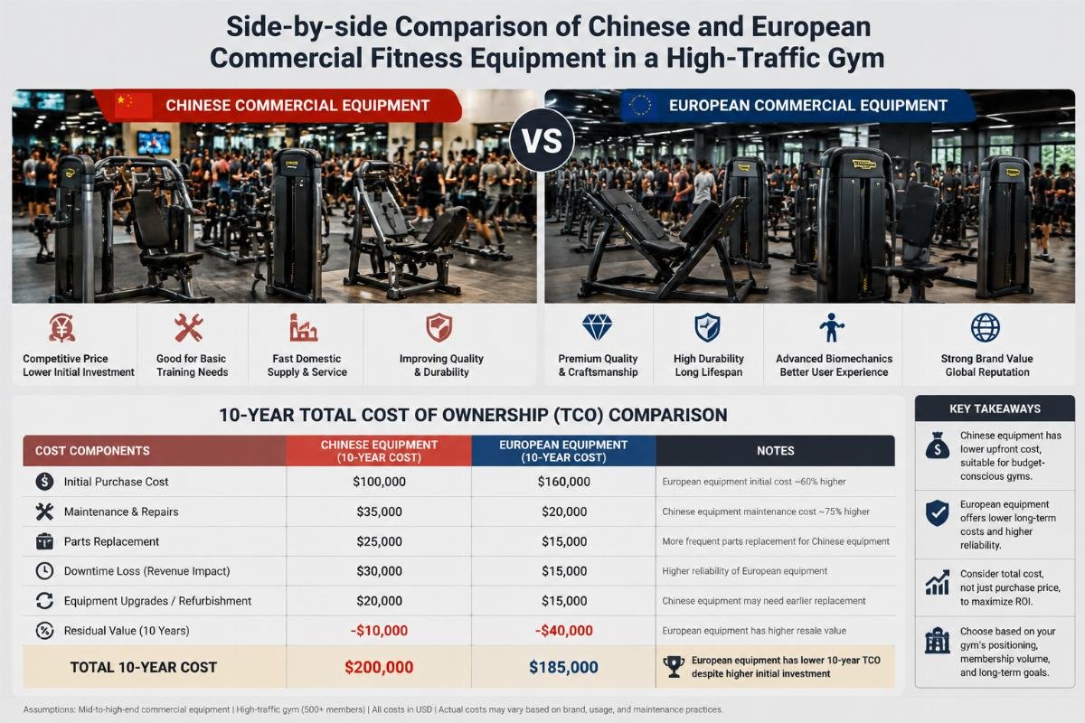 10 year total cost of ownership comparison for fitness equipment Side-by-side comparison of Chinese and European commercial fitness equipment in a high-traffic gym setting