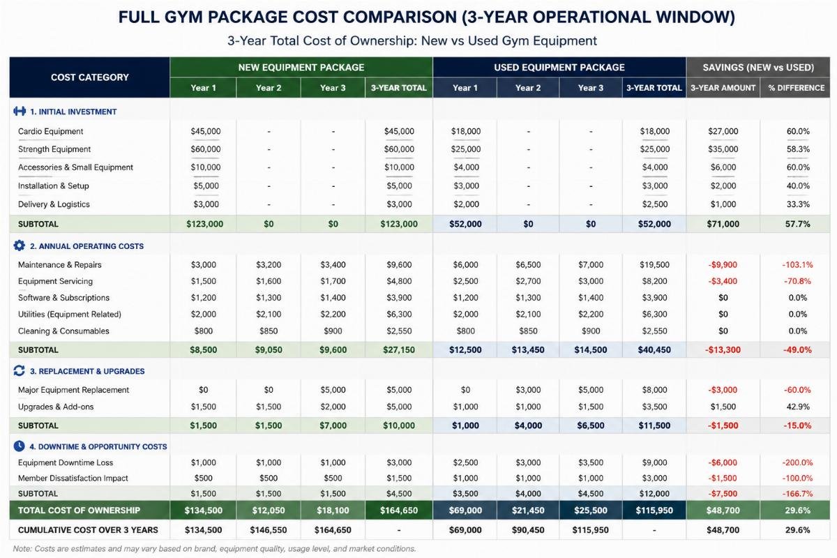 3-year total cost of ownership for new vs used gym equipment Full gym package cost comparison spreadsheet for 3-year operational window