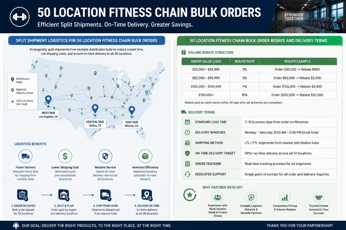50 location fitness chain bulk order rebate and delivery terms Split shipment logistics for 50 location fitness chain bulk orders
