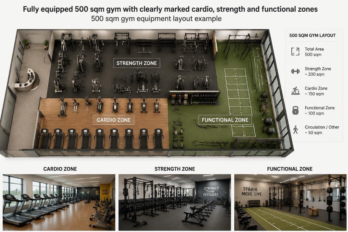 500 sqm gym equipment layout example Fully equipped 500 sqm gym with clearly marked cardio, strength and functional zones