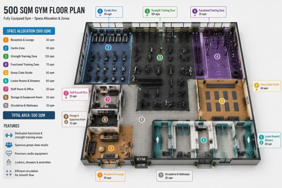 500 sqm gym space allocation reference Labeled 3D floor plan of a fully equipped 500 sqm gym showing distinct space zones