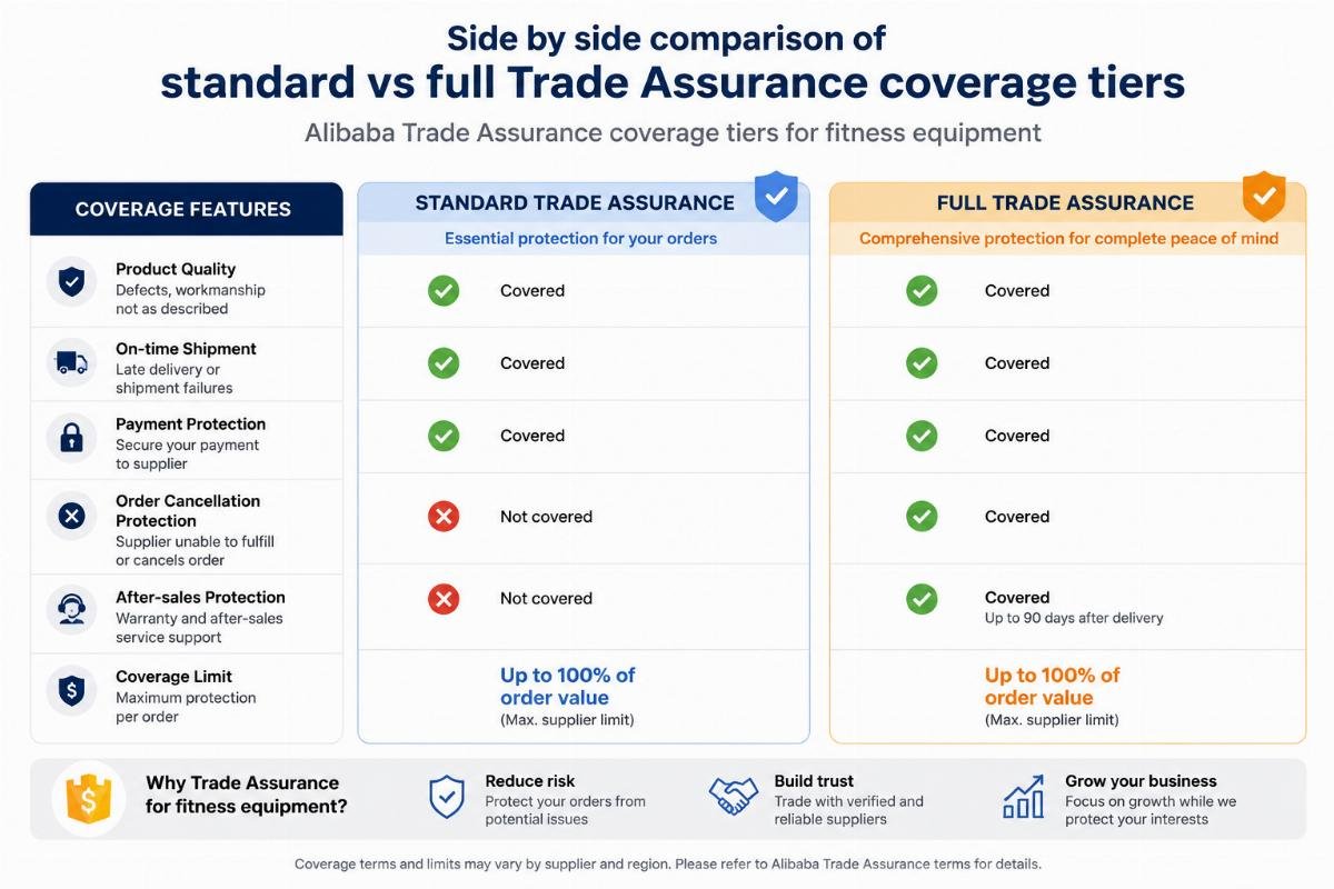 Alibaba Trade Assurance coverage tiers Side by side comparison of standard vs full Trade Assurance coverage tiers for fitness equipment