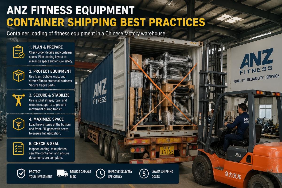 Container loading of fitness equipment in a Chinese factory warehouse