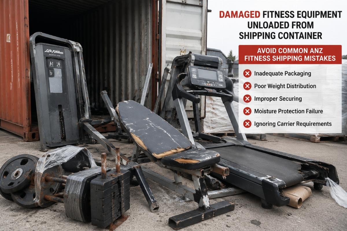 Damaged fitness equipment unloaded from a shipping container