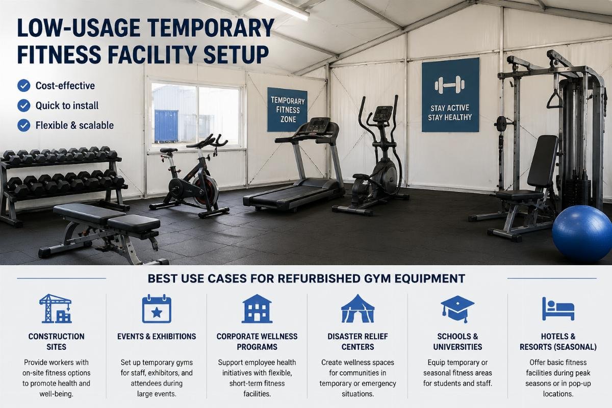 best use cases for refurbished gym equipment Low-usage temporary fitness facility setup with basic equipment