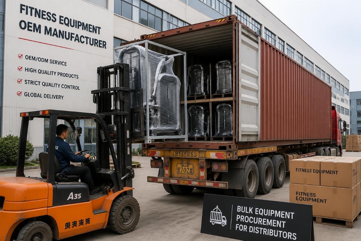 Bulk equipment procurement for distributors Fitness equipment OEM container loading at manufacturing facility