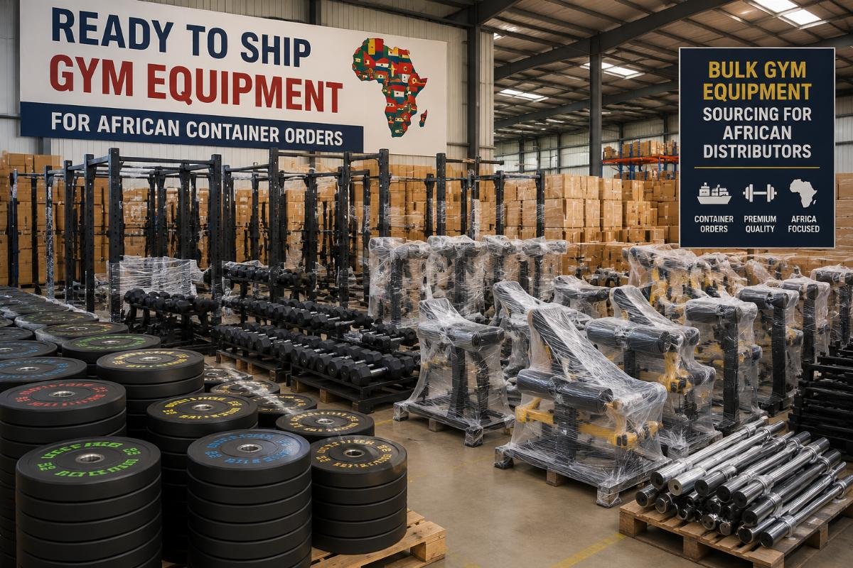 Bulk gym equipment sourcing for African distributors Distributor warehouse with stacked ready-to-ship gym equipment for African container orders
