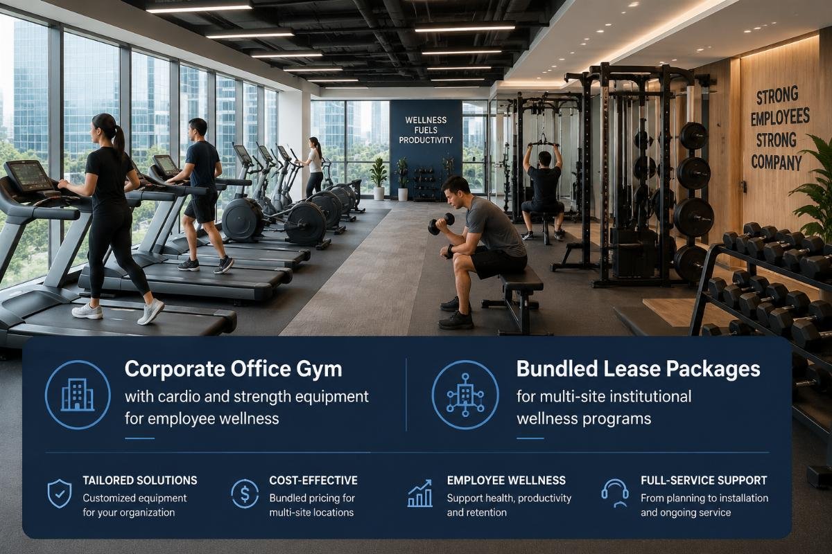 Corporate office gym with cardio and strength equipment for employee wellness