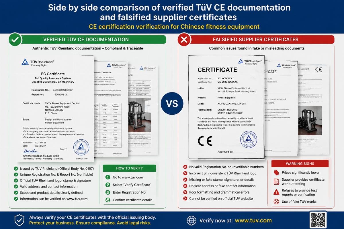 Side by side comparison of verified TüV CE documentation and falsified supplier certificates