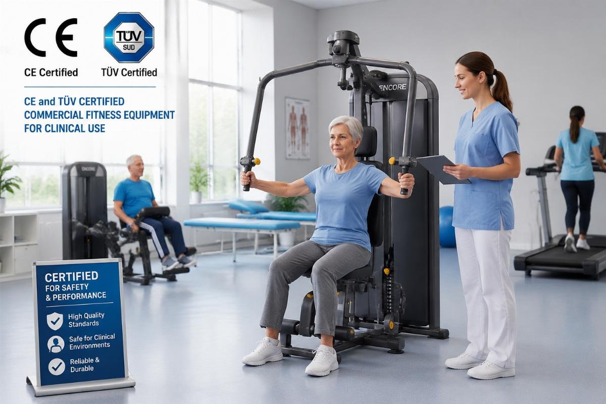 CE certified fitness gear for clinical use CE and TüV certified commercial fitness equipment in a rehabilitation center setting