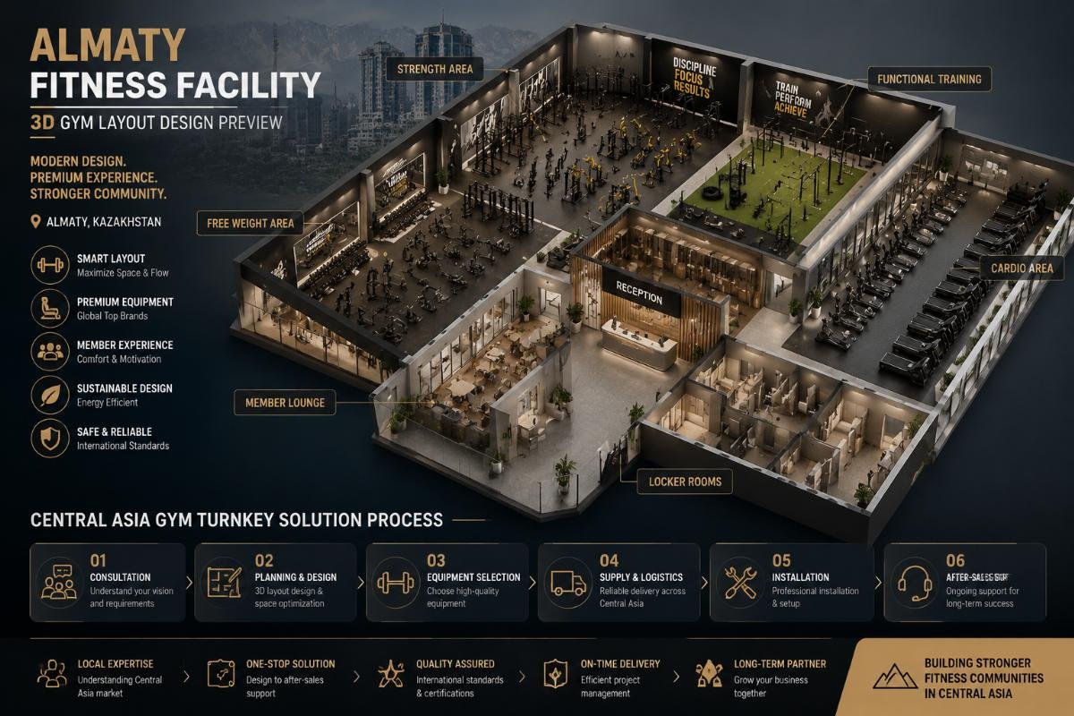Central Asia gym turnkey solution process 3D gym layout design preview for a new Almaty fitness facility