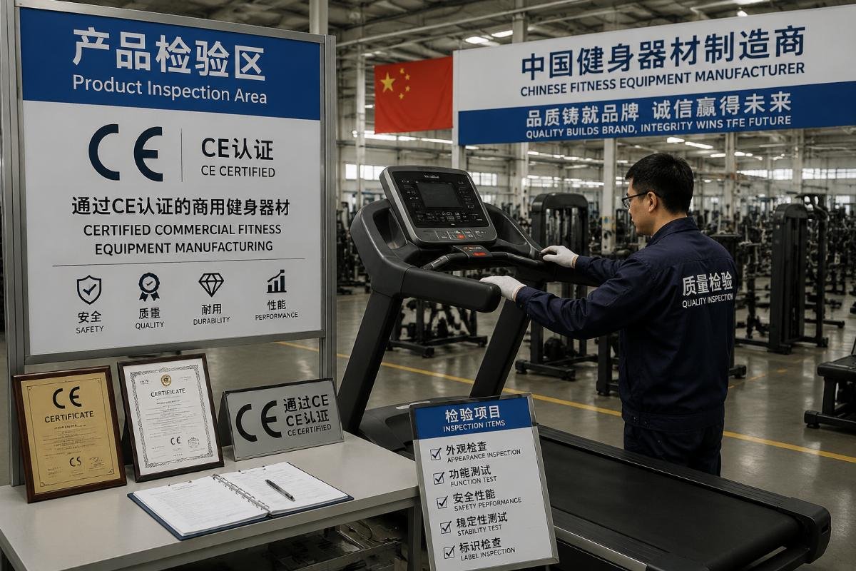 certified commercial fitness equipment manufacturing A product inspection station at a Chinese fitness equipment factory with CE certification signage