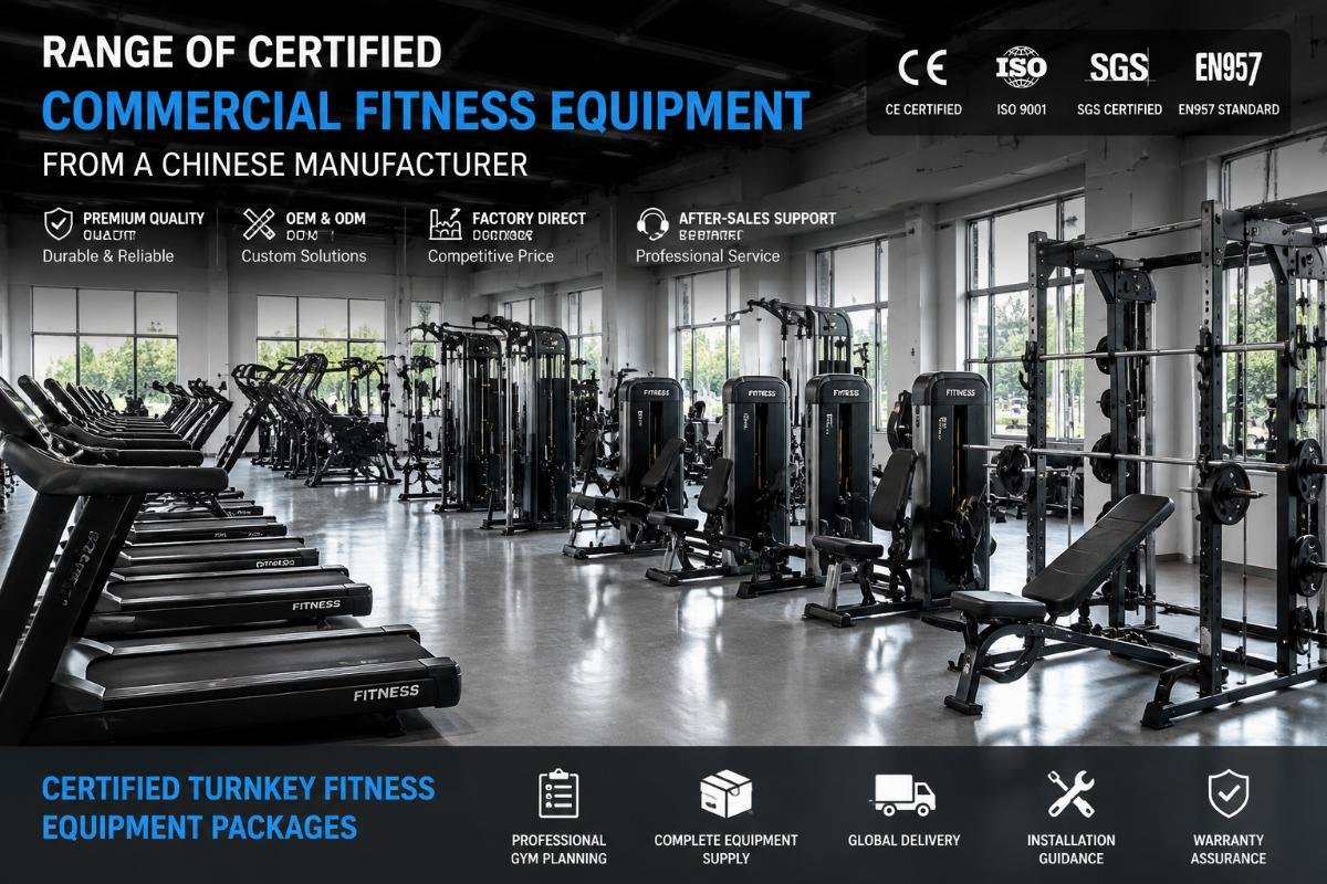 certified turnkey fitness equipment packages Range of certified commercial fitness equipment from a Chinese manufacturer in a factory showroom