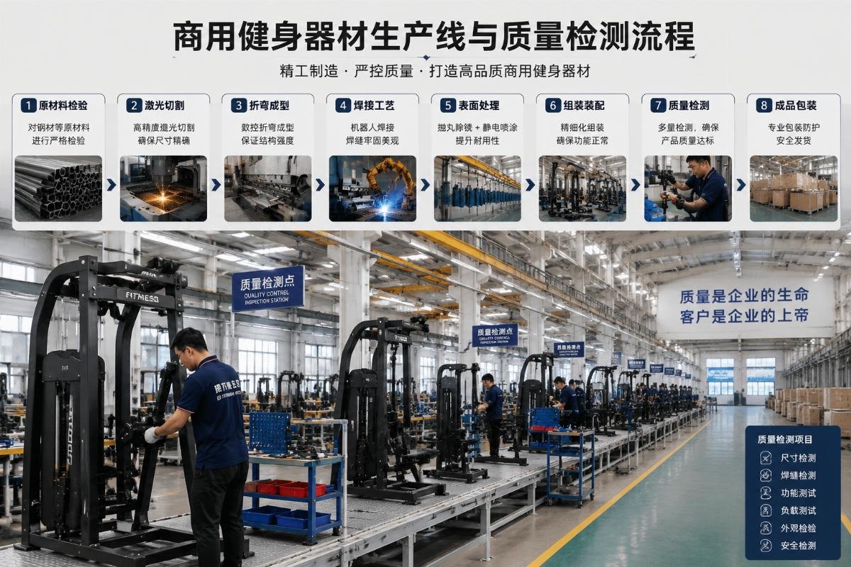 Chinese commercial gym equipment manufacturing process Factory production line for commercial gym equipment with quality control inspection stations