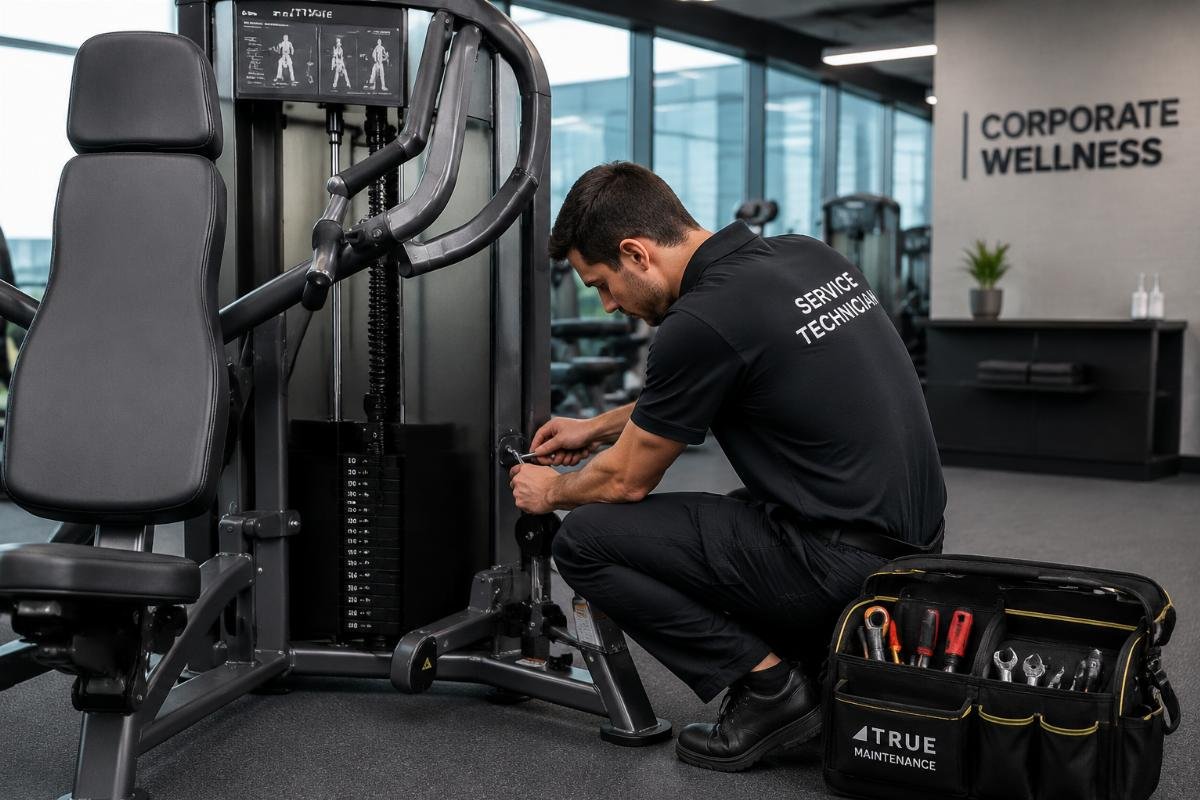 commercial equipment after-sales support A technician providing on-site maintenance for commercial gym equipment at a corporate facility