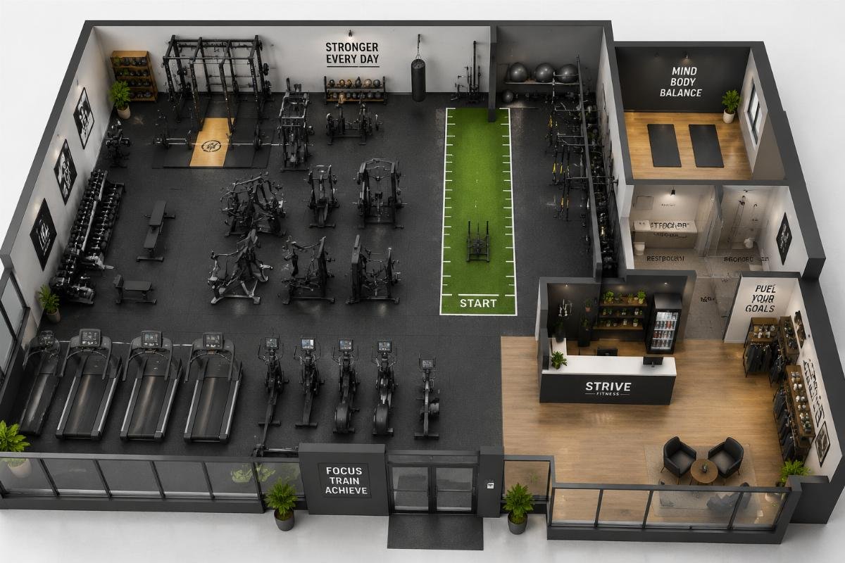 commercial gym turnkey layout example A 3D layout render of a small boutique gym with full equipment placement