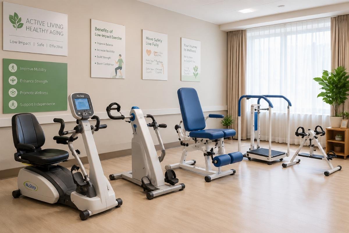 A row of low-impact rehabilitation equipment in a senior care facility