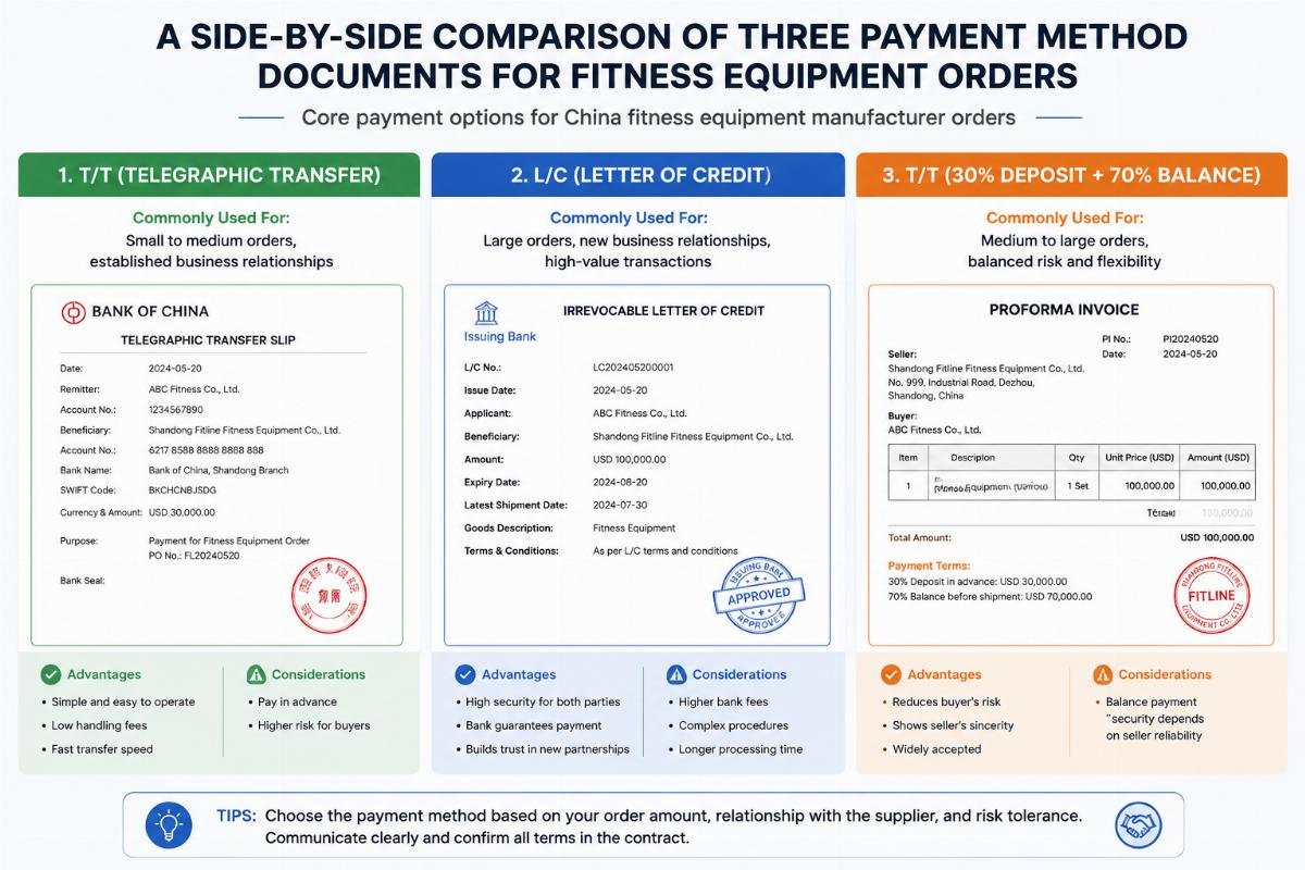 A side-by-side comparison of three payment method documents for fitness equipment orders
