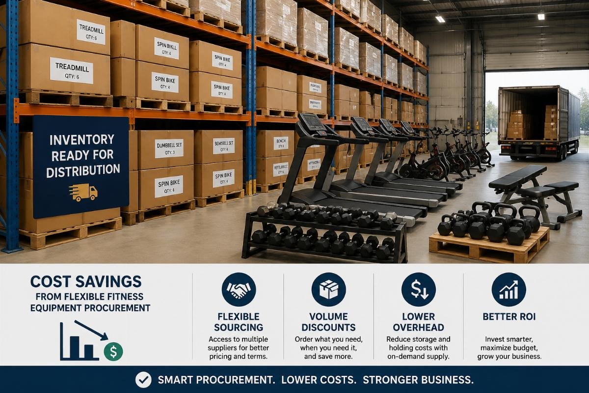 Cost savings from flexible fitness equipment procurement Fitness equipment warehouse with labeled inventory ready for distribution