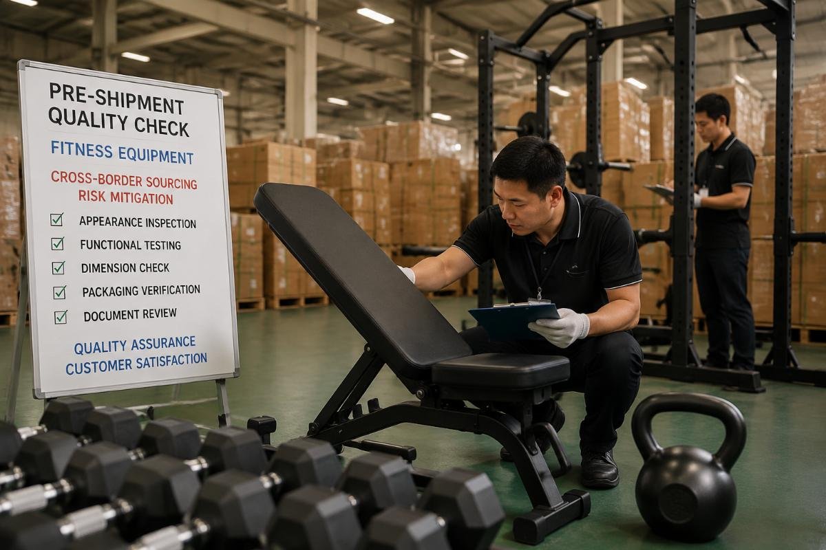A pre-shipment quality check of fitness equipment in a factory warehouse