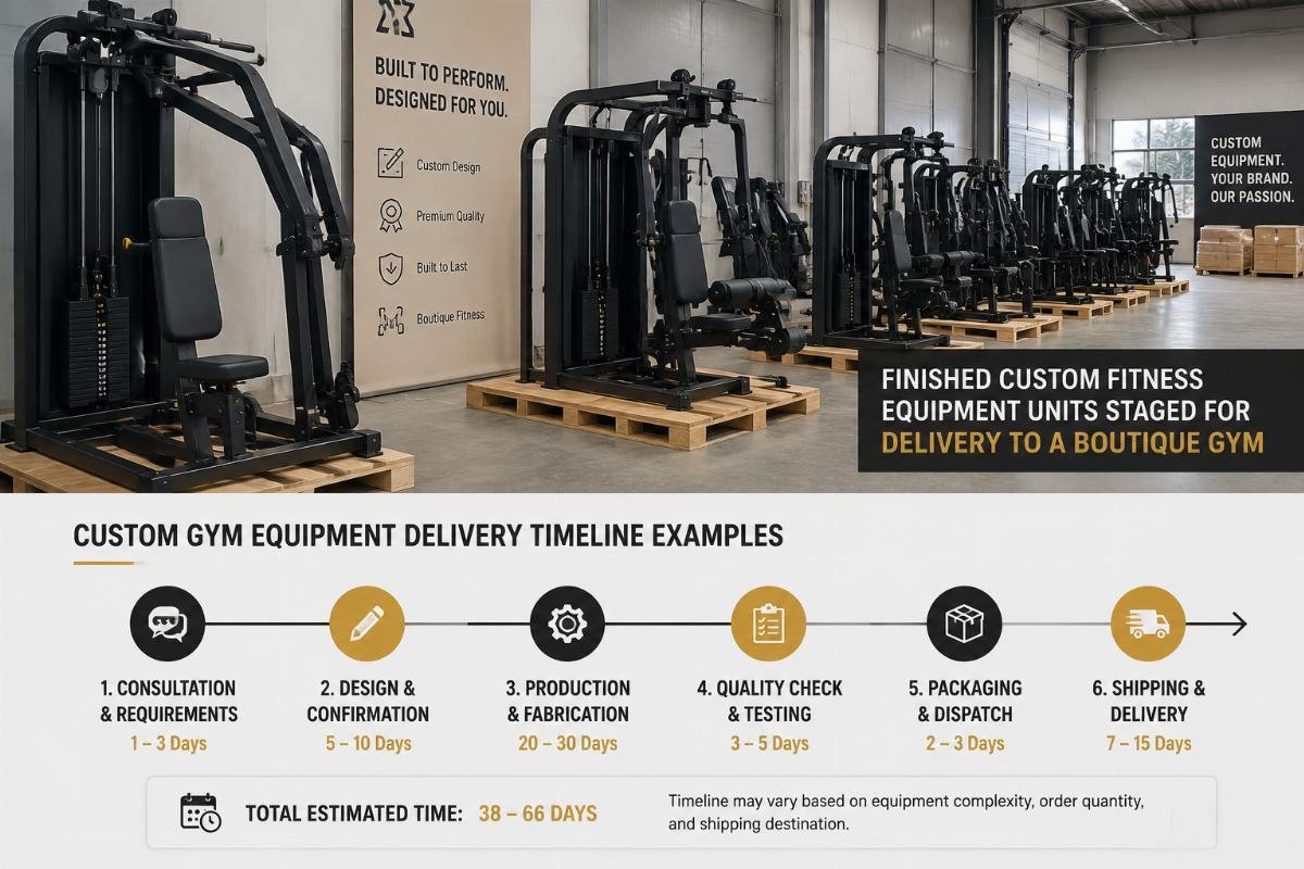 Custom gym equipment delivery timeline examples Finished custom fitness equipment units staged for delivery to a boutique gym