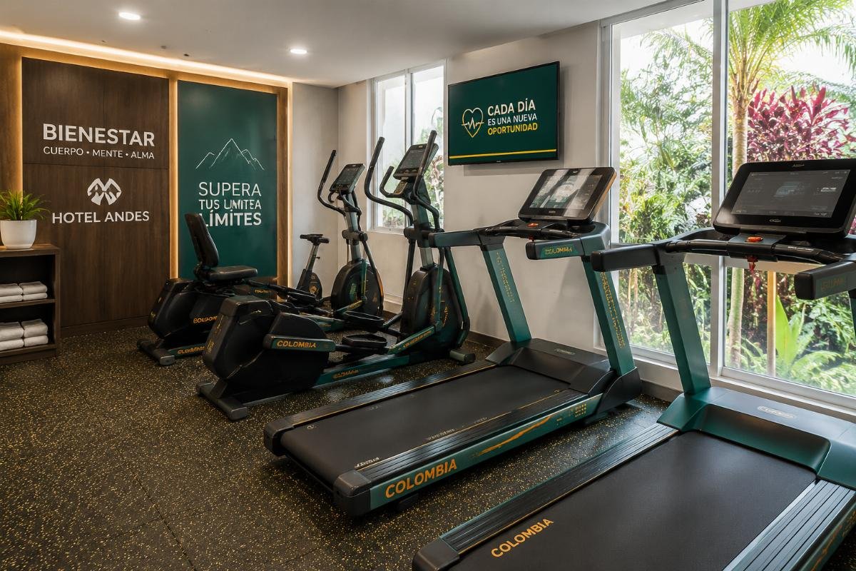 Custom gym equipment options for Latin American commercial venues A set of custom colored and branded cardio equipment fitted into a compact hotel fitness center space