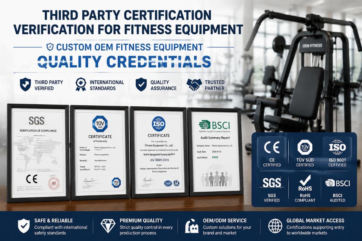 Custom OEM fitness equipment quality credentials Third party certification verification for fitness equipment