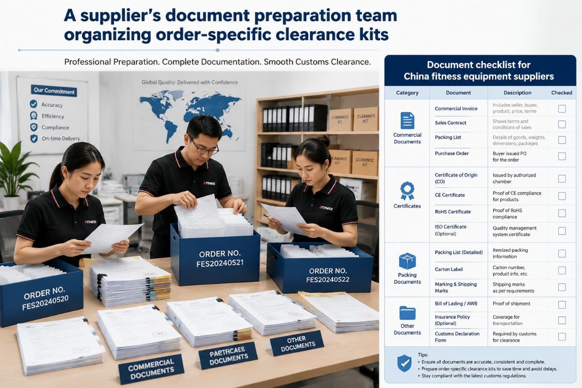 Document checklist for China fitness equipment suppliers A supplier’s document preparation team organizing order-specific clearance kits