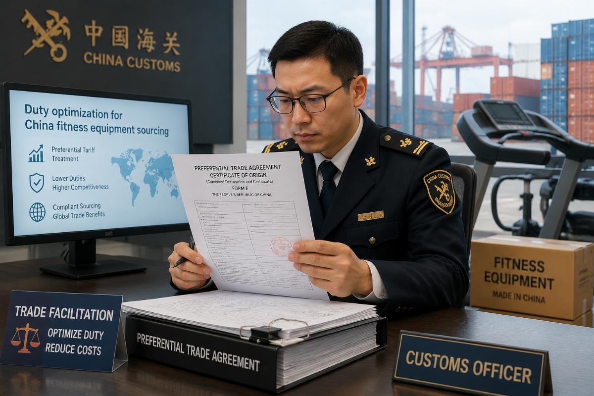 Duty optimization for China fitness equipment sourcing A customs officer reviewing a preferential trade agreement form for a fitness equipment shipment