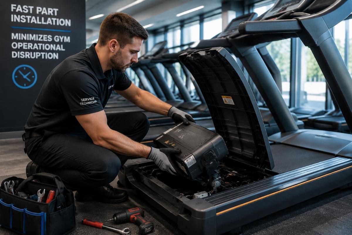 A maintenance technician installing a replacement component on a commercial treadmill