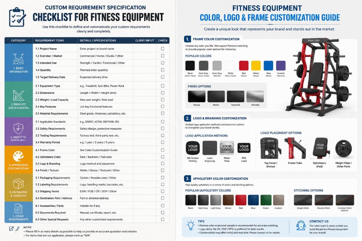 Fitness equipment color logo and frame customization guide Custom requirement specification checklist for fitness equipment