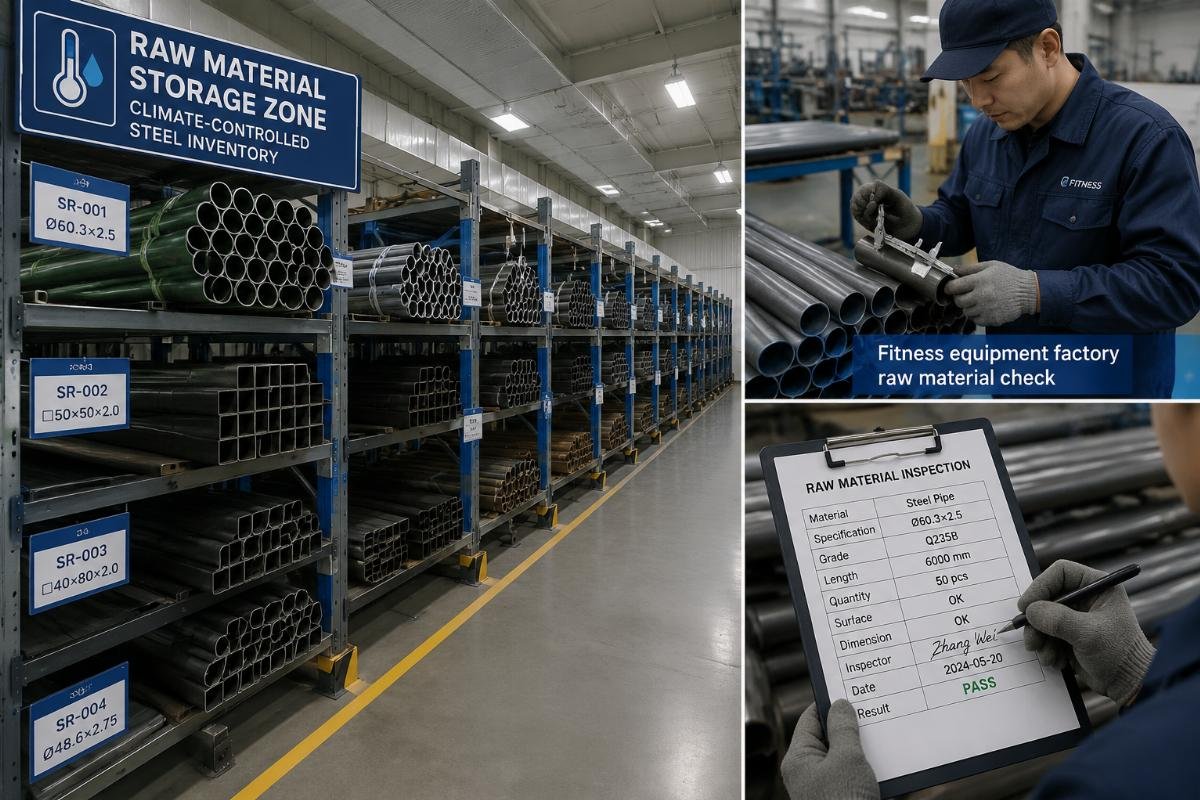 Fitness equipment factory raw material check Fitness equipment raw material storage zone with labeled, climate-controlled steel inventory