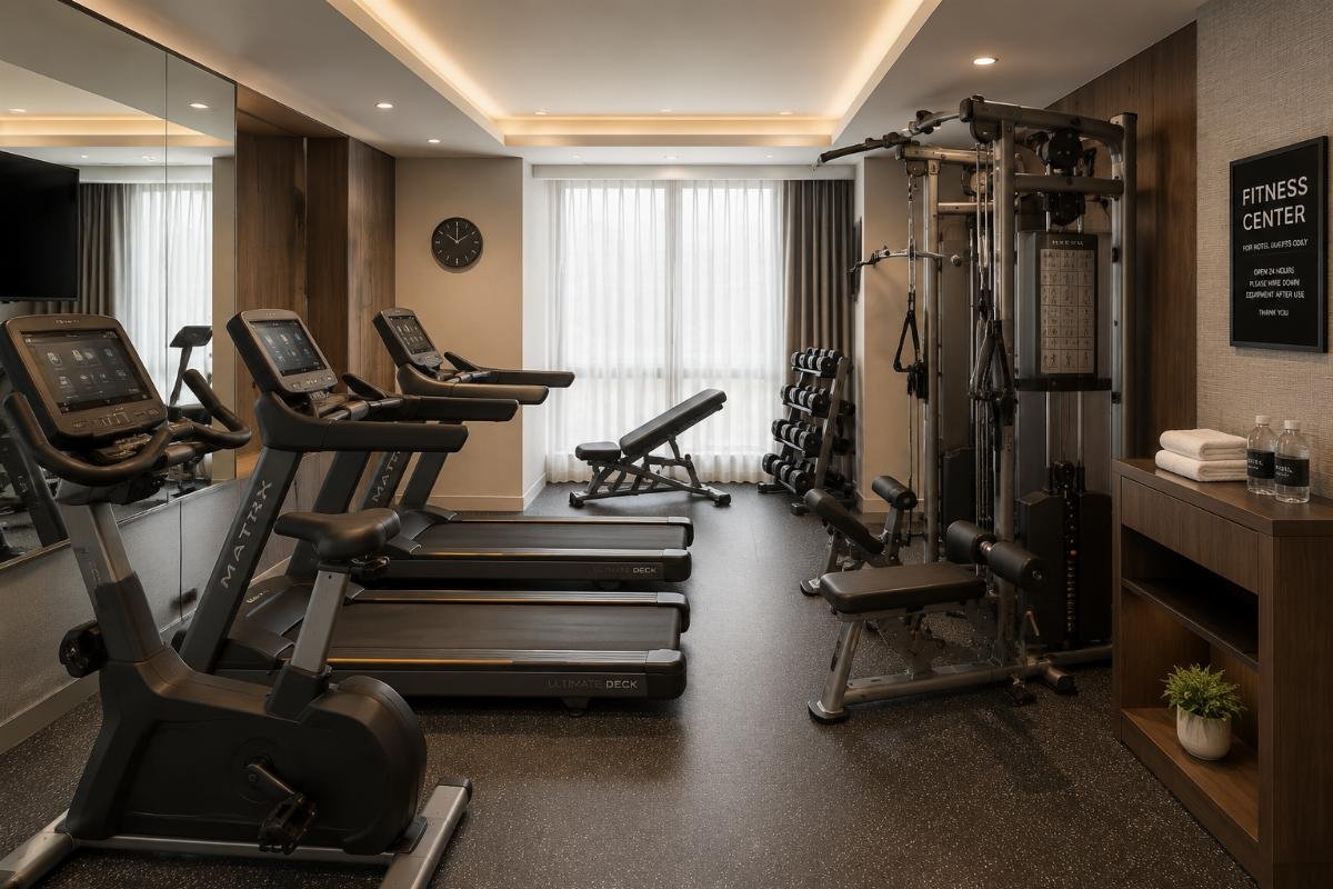 Fitness equipment for hotel on-site gyms A compact hotel gym with neutral toned fitness equipment