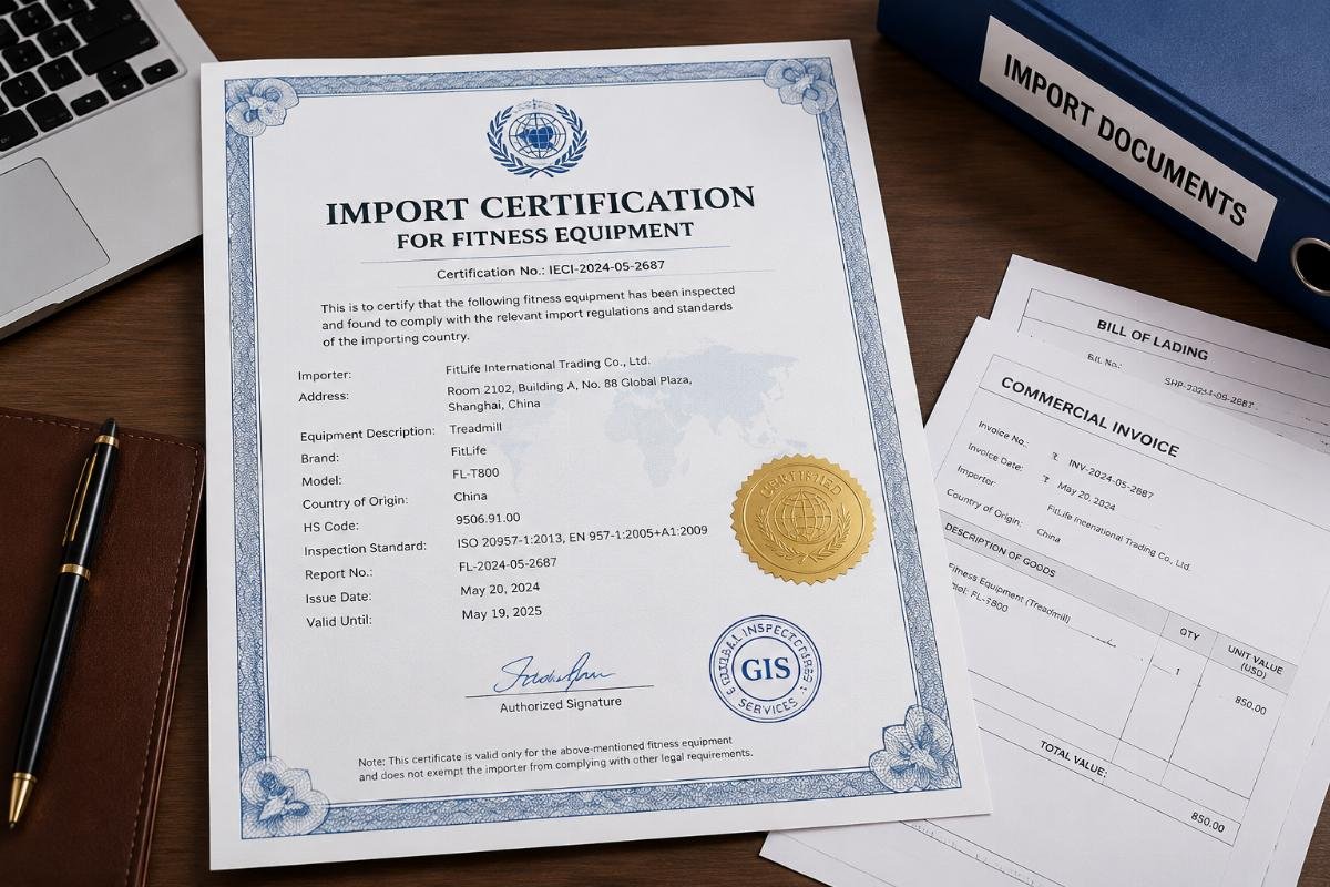 Fitness equipment import certification documents A formal certification document laid out on a desk