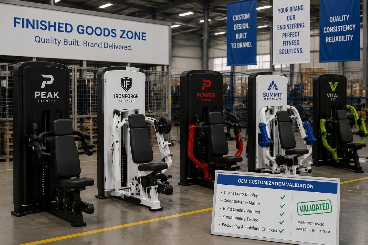 Fitness equipment OEM customization validation Completed custom branded fitness units with client logos on display in a supplier’s finished goods zone
