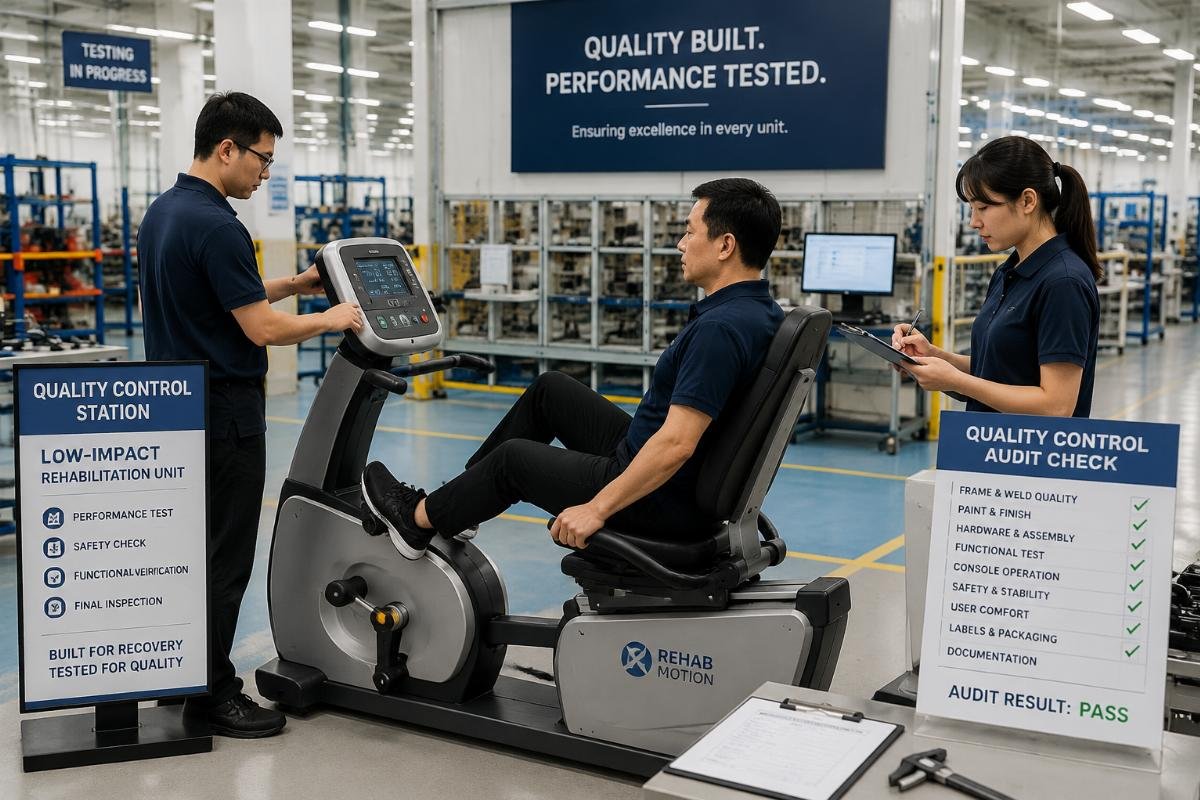 Fitness equipment quality control audit check Fitness equipment quality control station with staff testing a finished low-impact rehabilitation unit