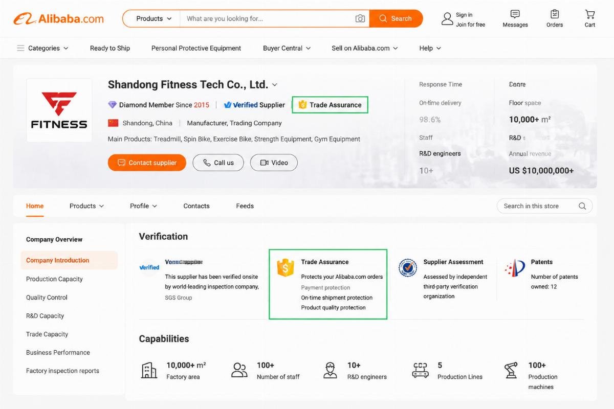 Fitness equipment supplier verification on Alibaba Screenshot example of a legitimate Alibaba supplier Trade Assurance eligibility listing