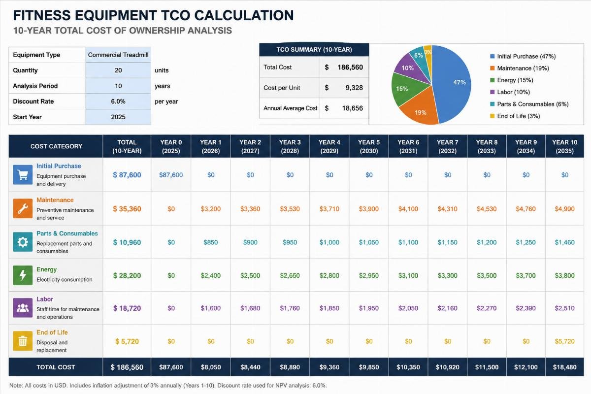 Fitness equipment TCO calculation framework TCO calculation spreadsheet snippet showing 10 year cost breakdown for fitness equipment
