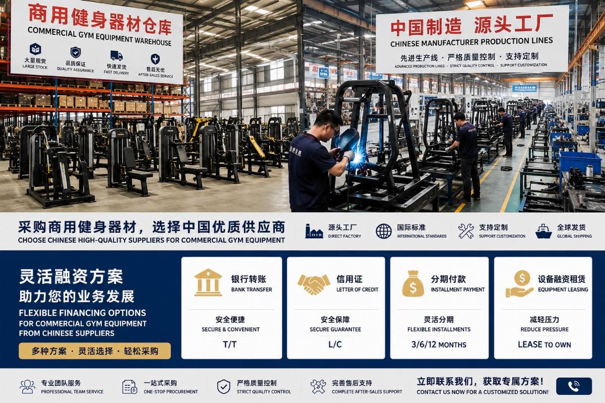 Commercial gym equipment warehouse with Chinese manufacturer production lines