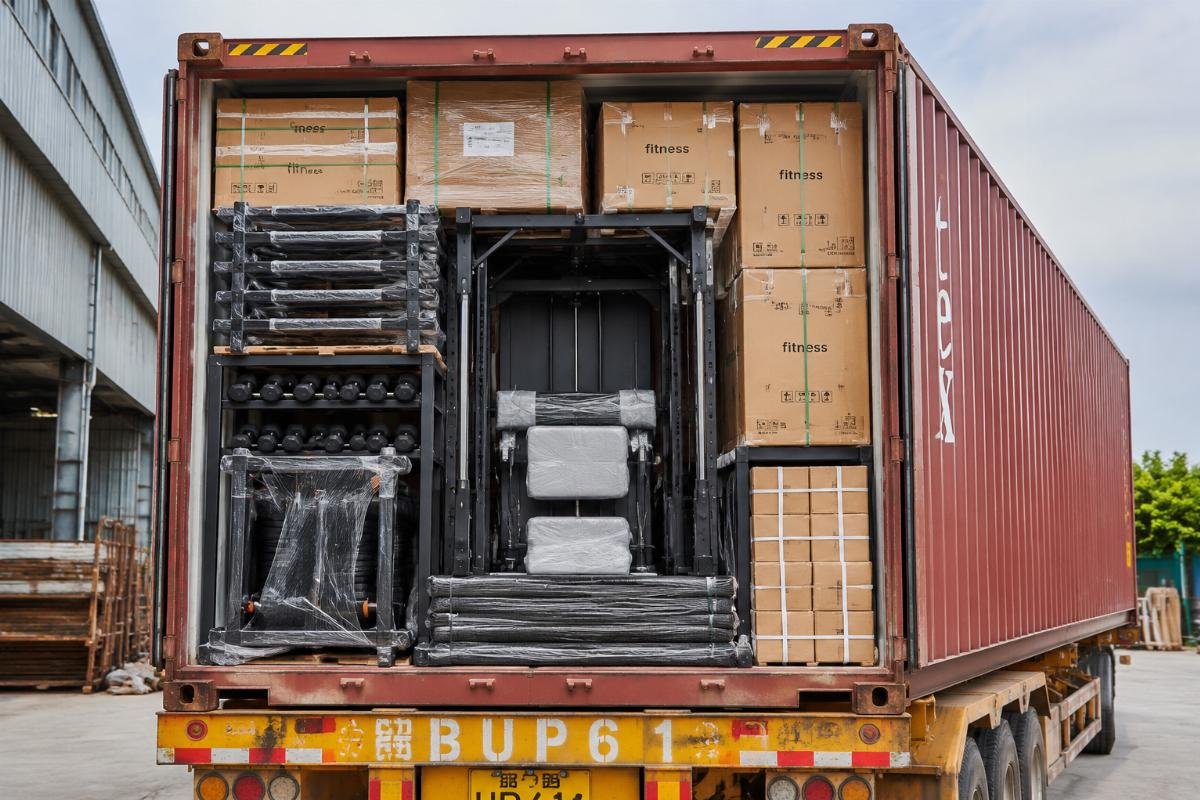 full 40HQ gym equipment container shipping A 40HQ shipping container fully loaded with neatly packed gym equipment ready for export