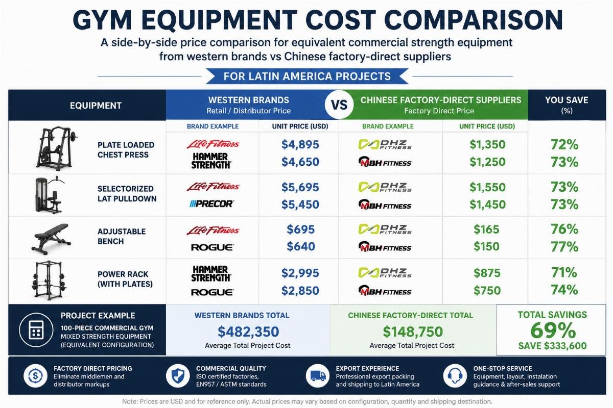 Gym equipment cost comparison for Latin America projects A side-by-side price comparison chart for equivalent commercial strength equipment from western brands vs Chinese factory-direct suppliers