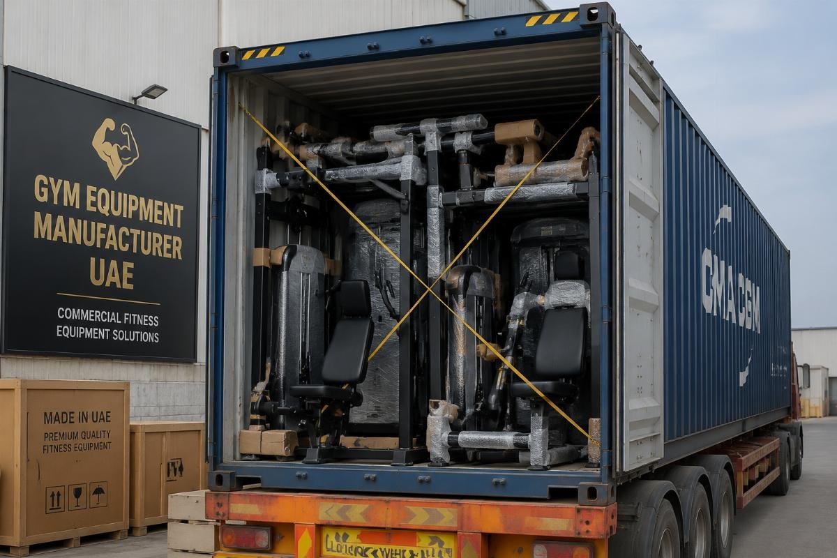 gym equipment manufacturer UAE Commercial fitness equipment loaded into a 40HQ shipping container for export