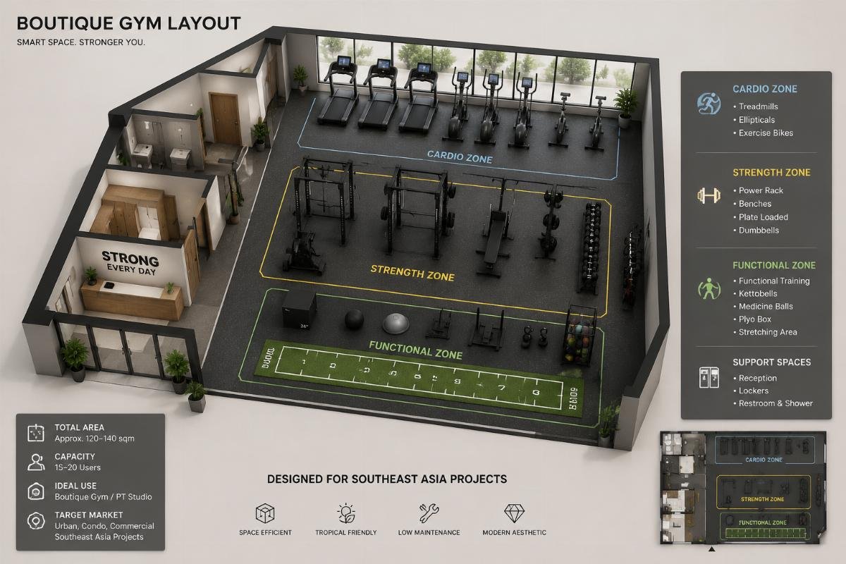 Gym layout design support for Southeast Asia projects 3D layout render of a small boutique gym space with marked cardio and strength equipment placement