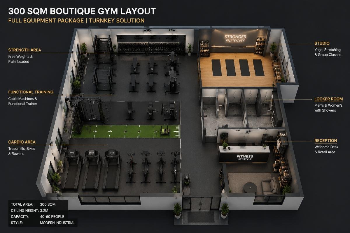 gym turnkey solution layout example 3D layout render of a 300sqm boutique gym with full equipment package